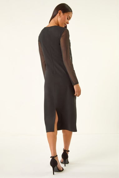 Roman Black Petite Sequin Contrast Knot Midi Dress