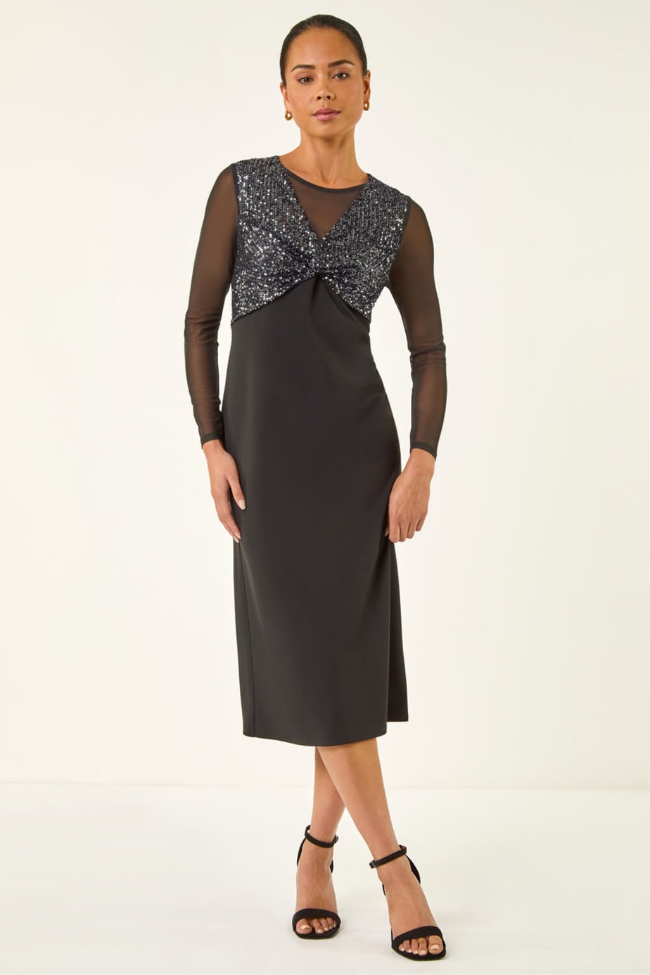 Roman Black Petite Sequin Contrast Knot Midi Dress