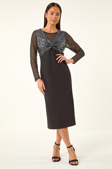 Roman Black Petite Sequin Contrast Knot Midi Dress