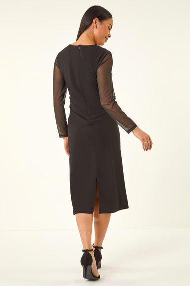 Roman Black Petite Sequin Contrast Knot Midi Dress