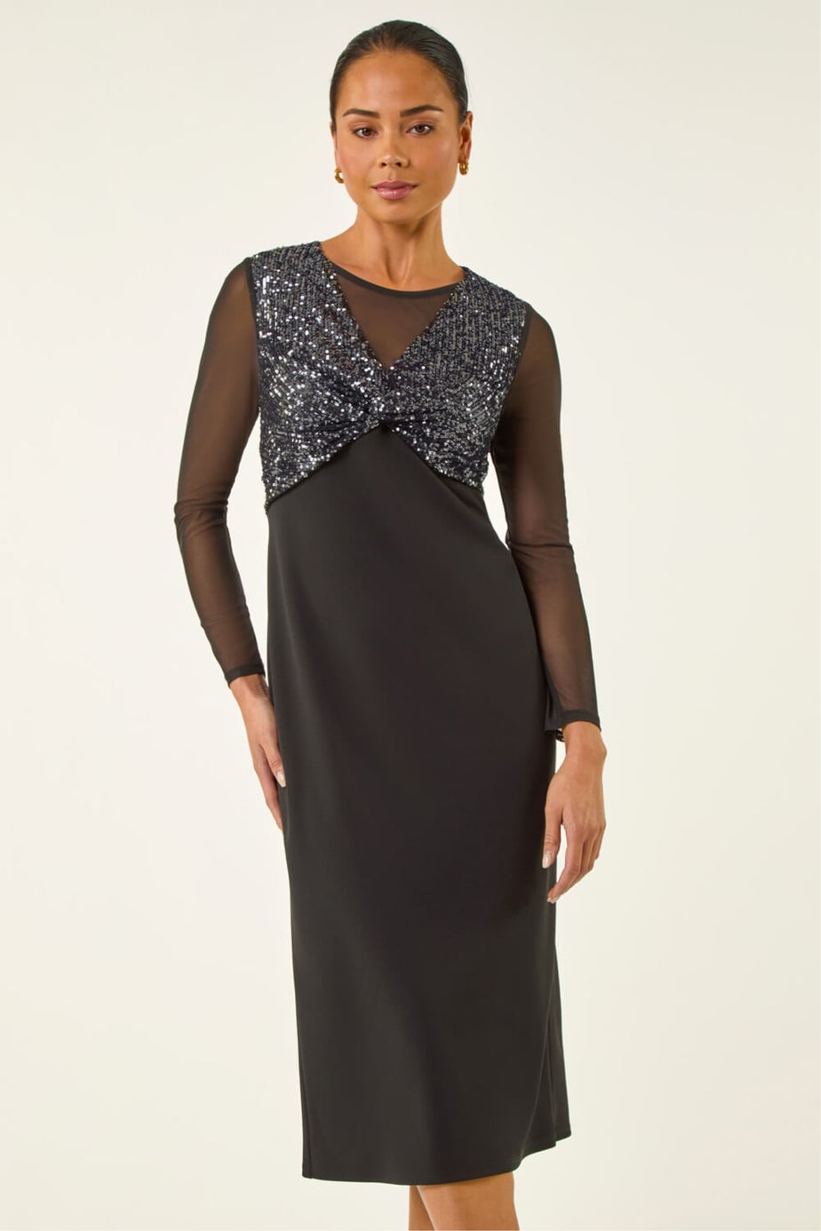 Roman Black Petite Sequin Contrast Knot Midi Dress