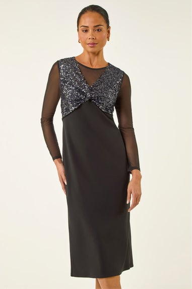 Roman Black Petite Sequin Contrast Knot Midi Dress