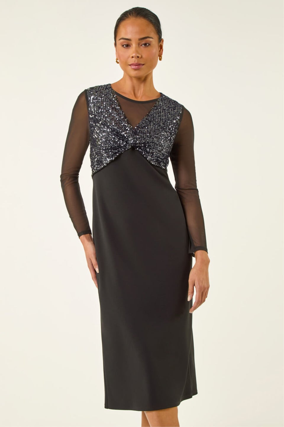 Roman Black Petite Sequin Contrast Knot Midi Dress