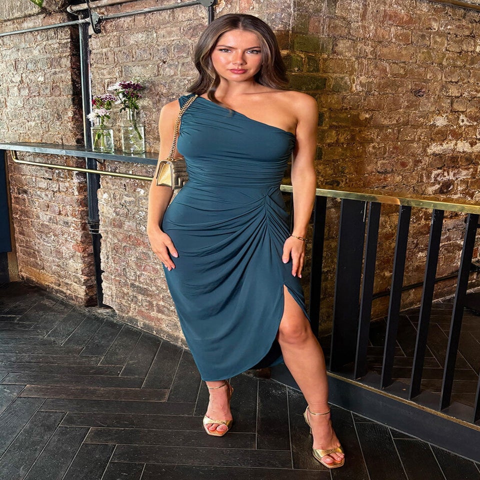 AX Paris Dark Teal One Shoulder Gathered Skirt Midi Dress