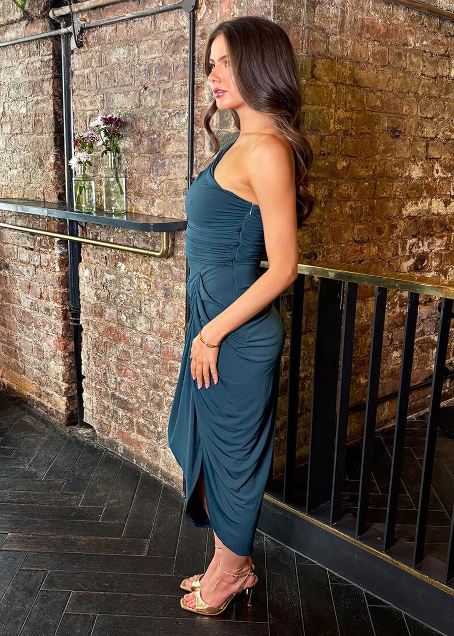 AX Paris Dark Teal One Shoulder Gathered Skirt Midi Dress