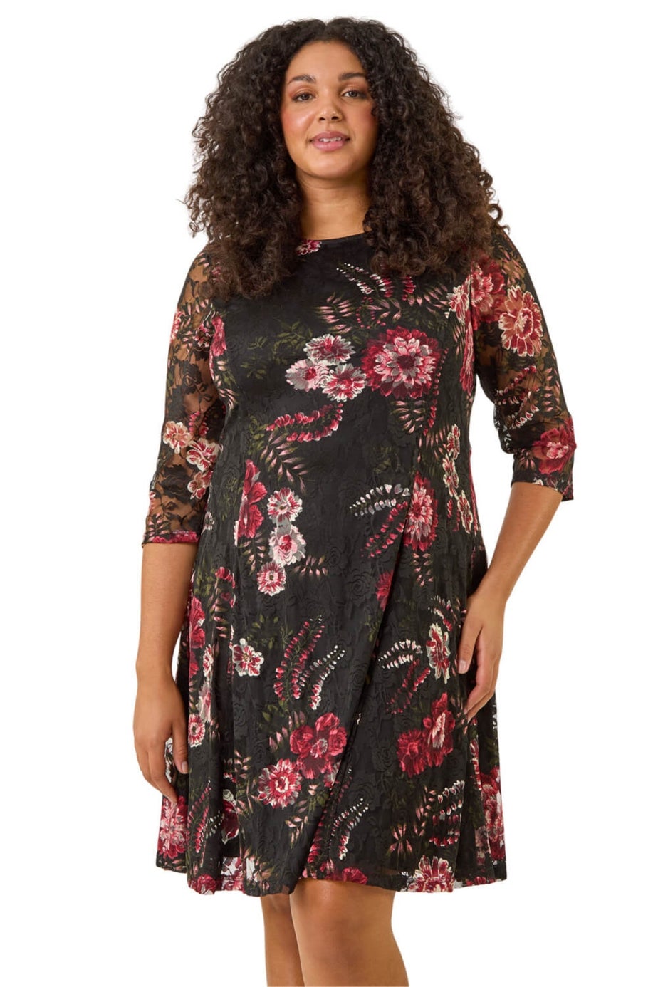 Roman Red Curve Floral Print Lace Dress