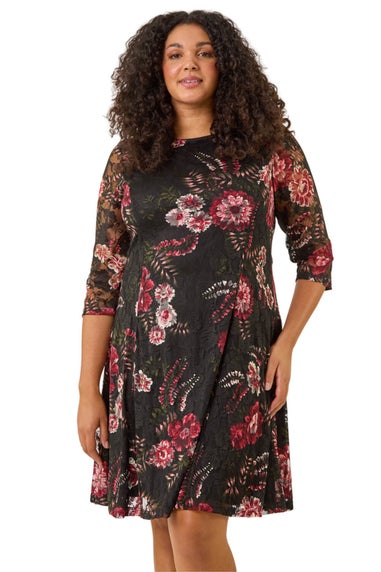 Roman Red Curve Floral Print Lace Dress