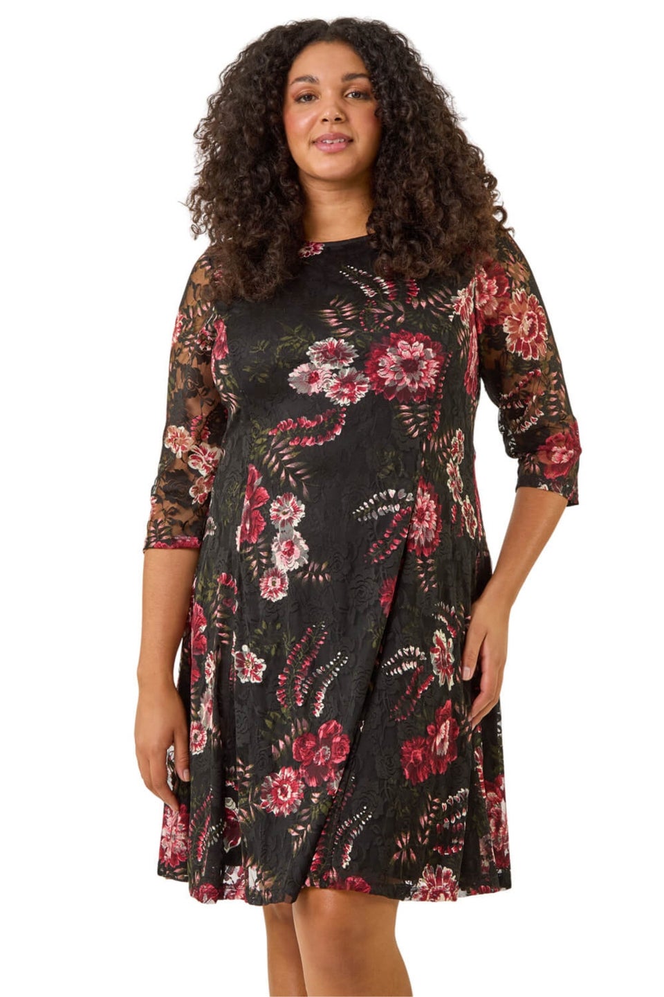 Roman Red Curve Floral Print Lace Dress