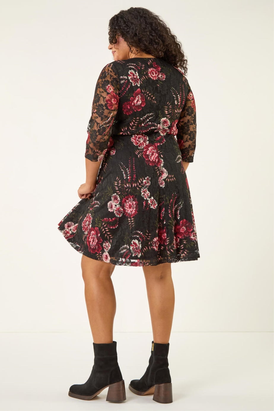 Roman Red Curve Floral Print Lace Dress