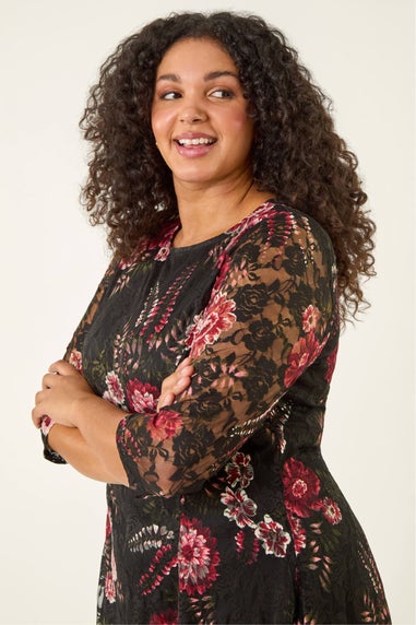 Roman Red Curve Floral Print Lace Dress