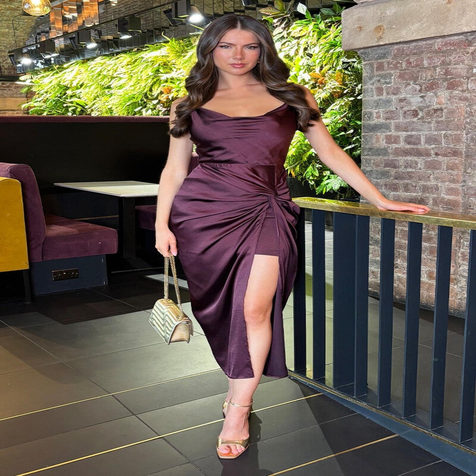 AX Paris Dark Plum Satin Cowl Neck Knot Skirt Midi Dress