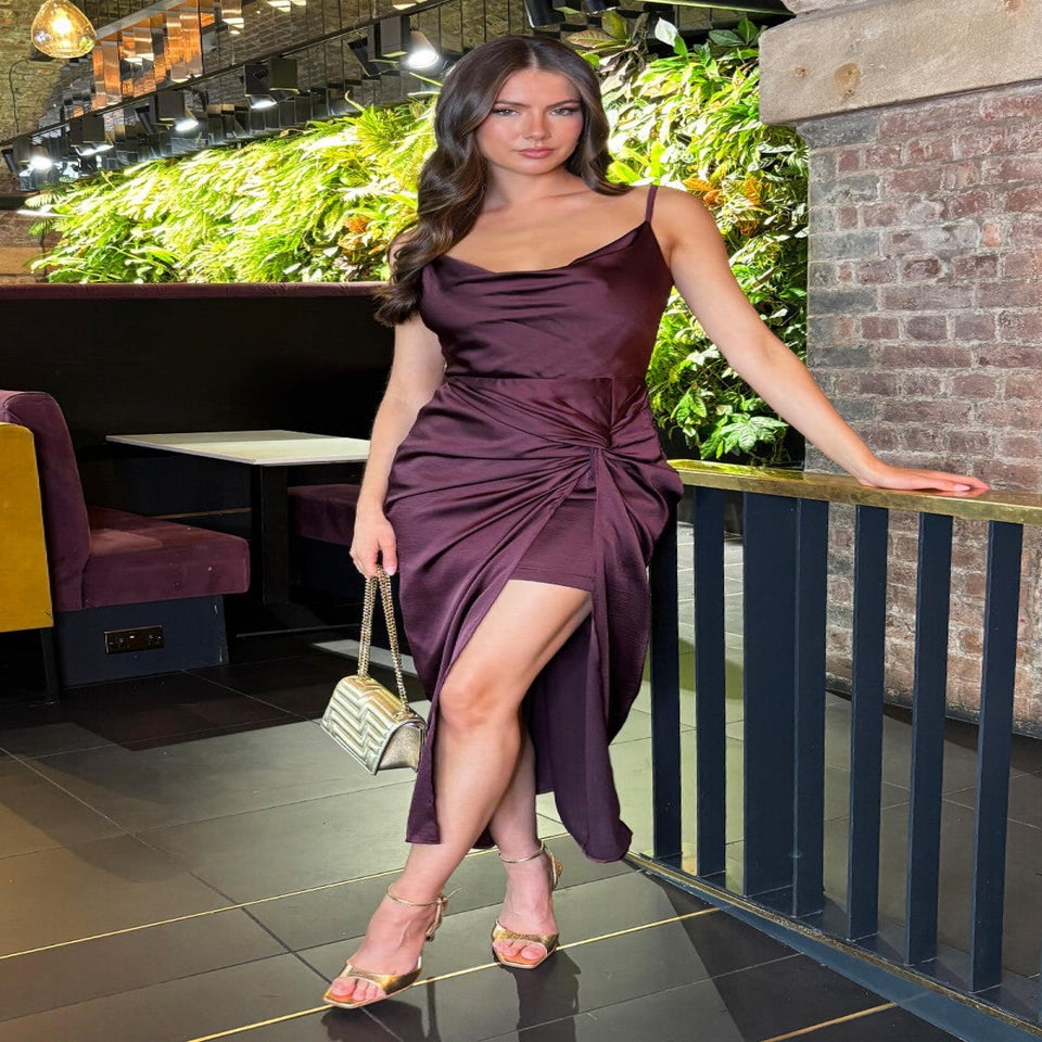 AX Paris Dark Plum Satin Cowl Neck Knot Skirt Midi Dress