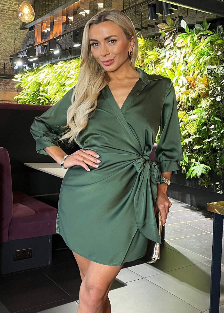 AX Paris Olive Satin Tie Waist Wrap Shirt Mini Dress