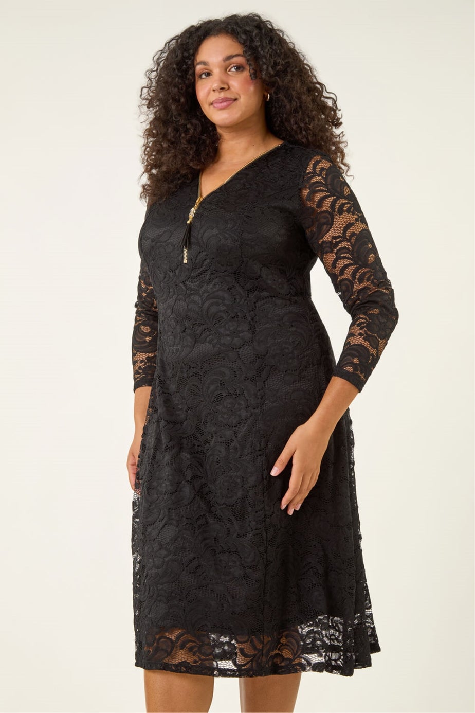 Roman Black Curve Zip Front Lace Dress