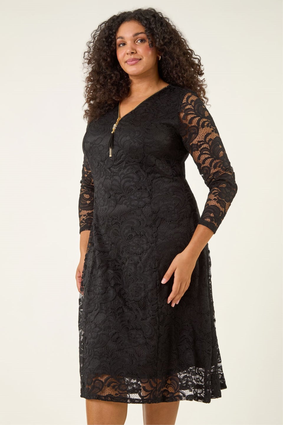 Roman Black Curve Zip Front Lace Dress