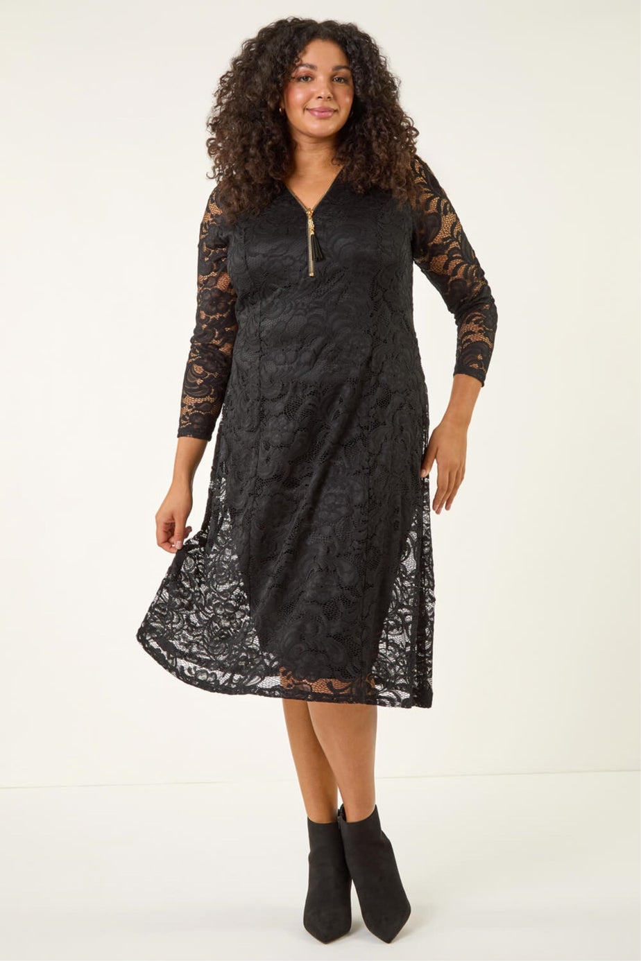Roman Black Curve Zip Front Lace Dress