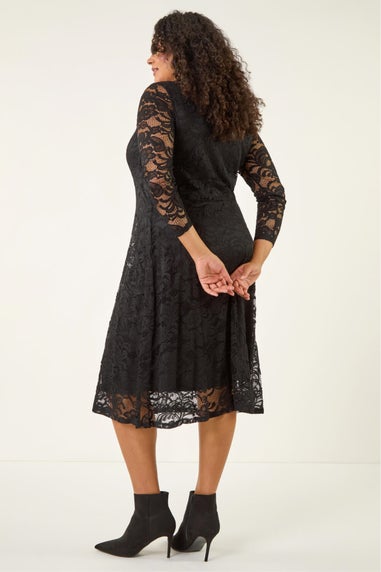 Roman Black Curve Zip Front Lace Dress