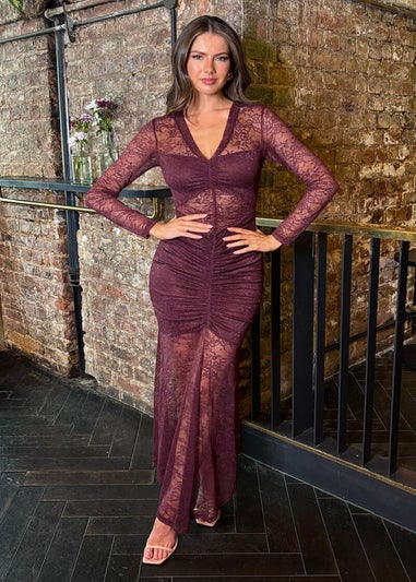 AX Paris Plum Lace Overlay Ruched Front Bodycon Midi Dress