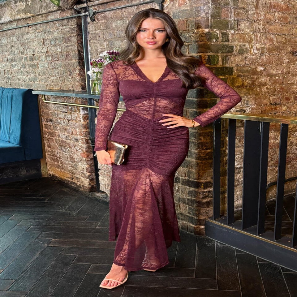 AX Paris Plum Lace Overlay Ruched Front Bodycon Midi Dress