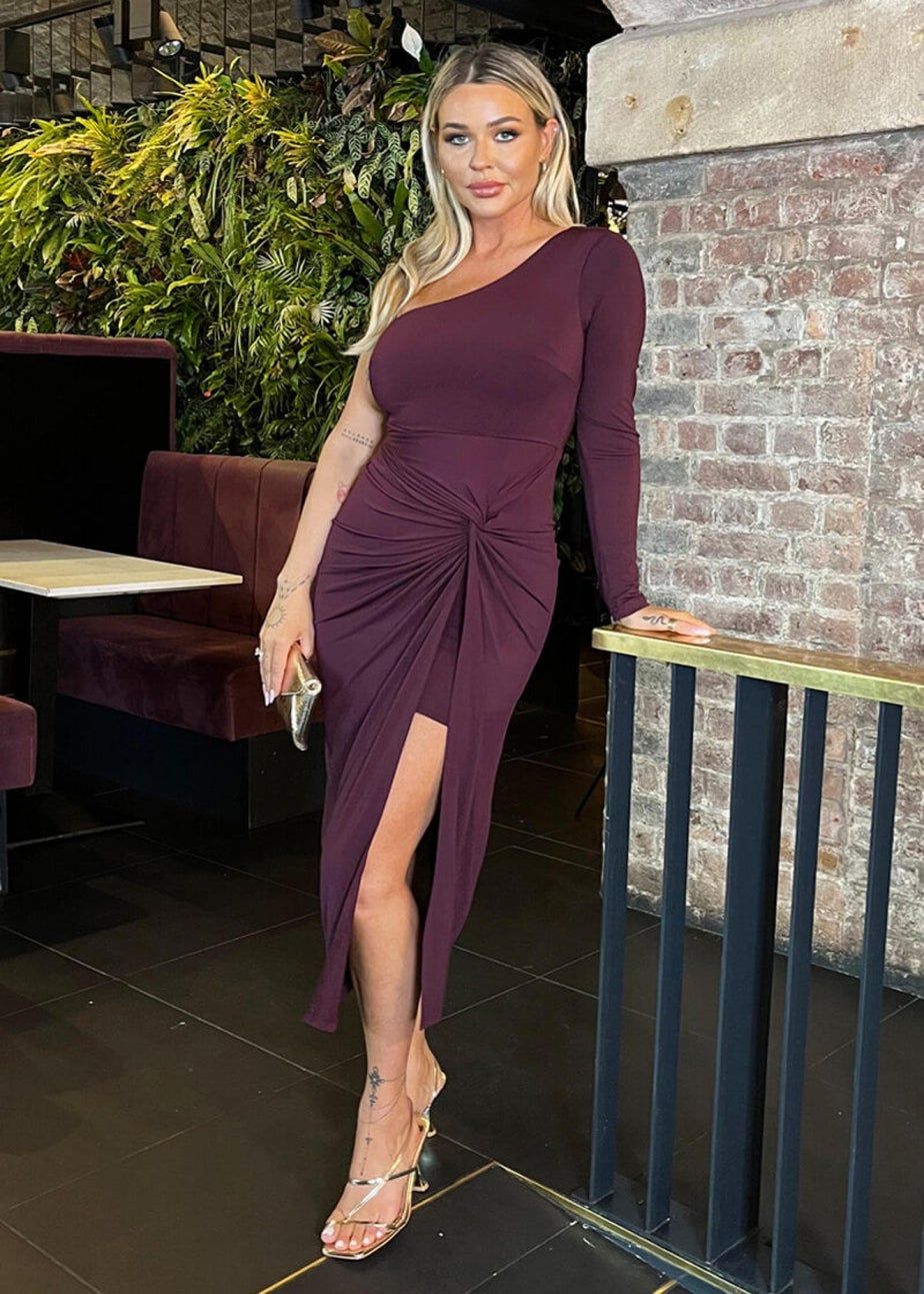 AX Paris Dark Plum One Sleeve Knot Skirt Midi Dress
