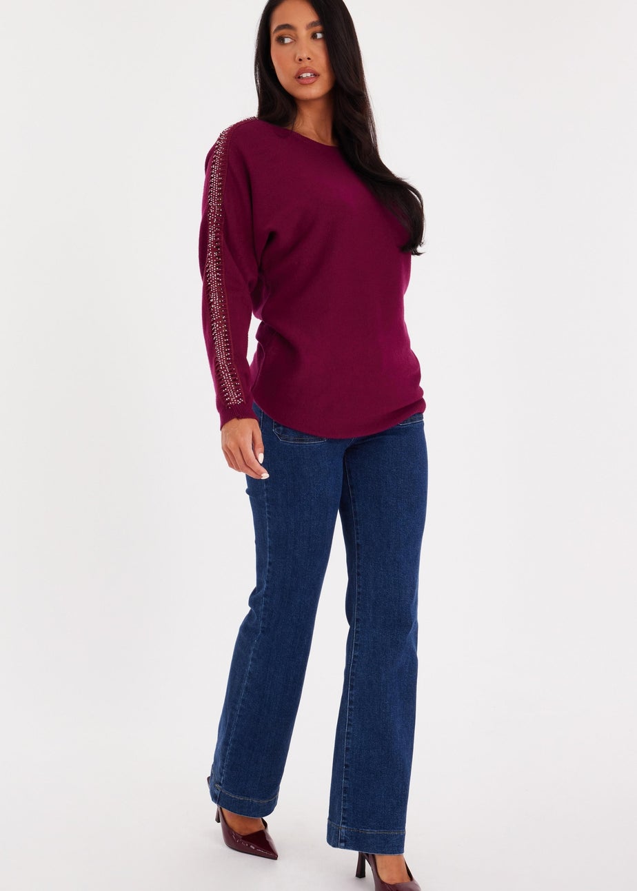 Quiz Burgundy Diamante Sleeve Jumper
