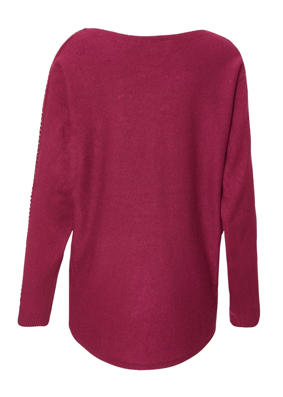 Quiz Burgundy Diamante Sleeve Jumper