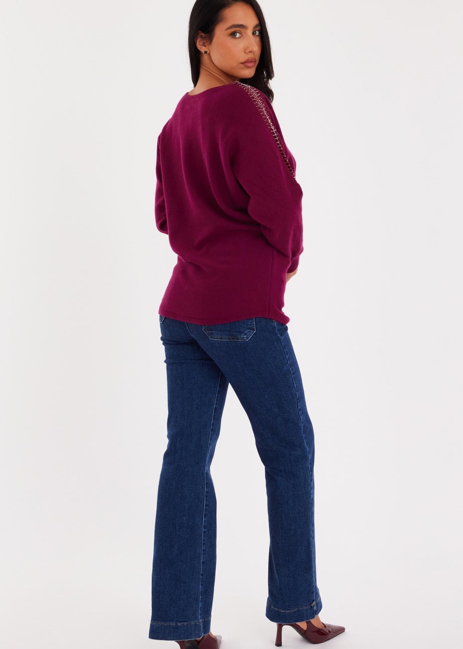 Quiz Burgundy Diamante Sleeve Jumper