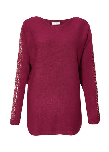 Quiz Burgundy Diamante Sleeve Jumper