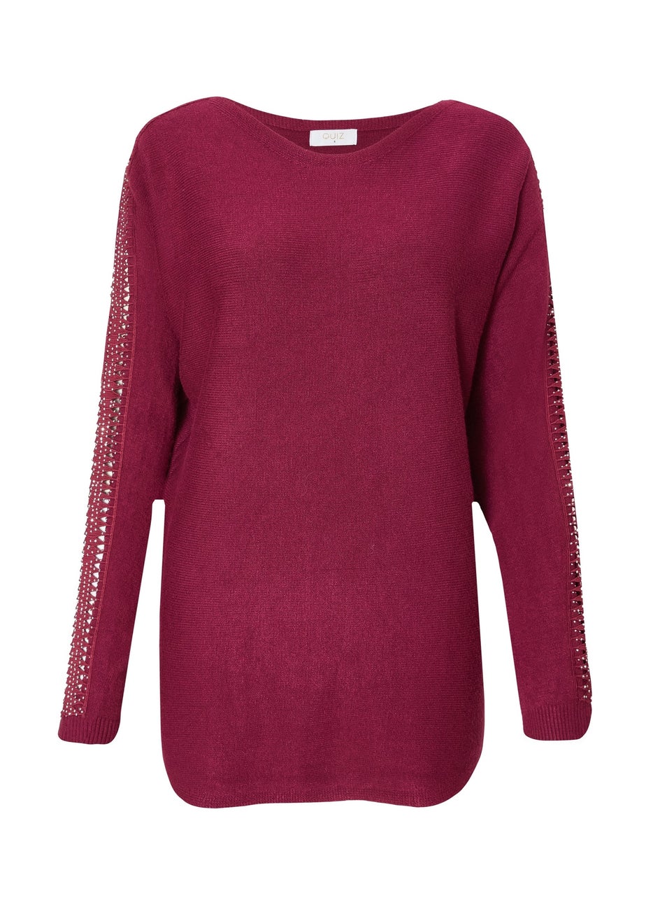 Quiz Burgundy Diamante Sleeve Jumper