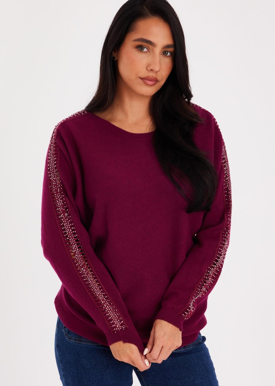 Quiz Burgundy Diamante Sleeve Jumper