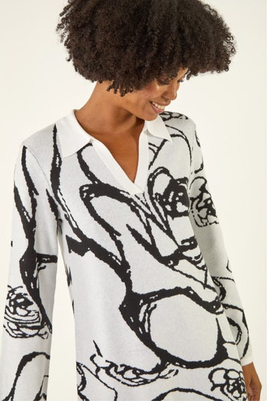 Roman Ivory Floral Abstract Knit Dress