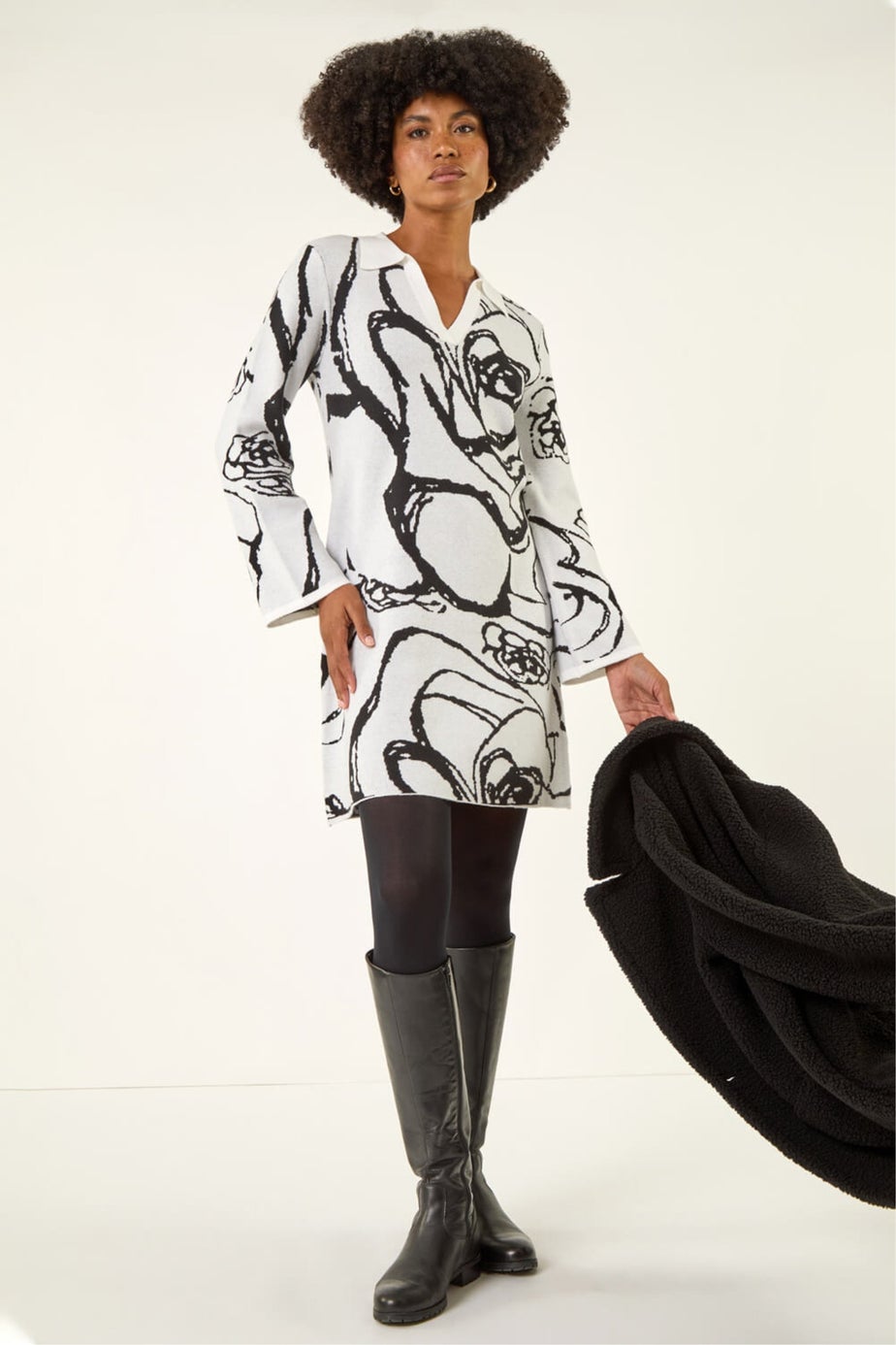 Roman Ivory Floral Abstract Knit Dress