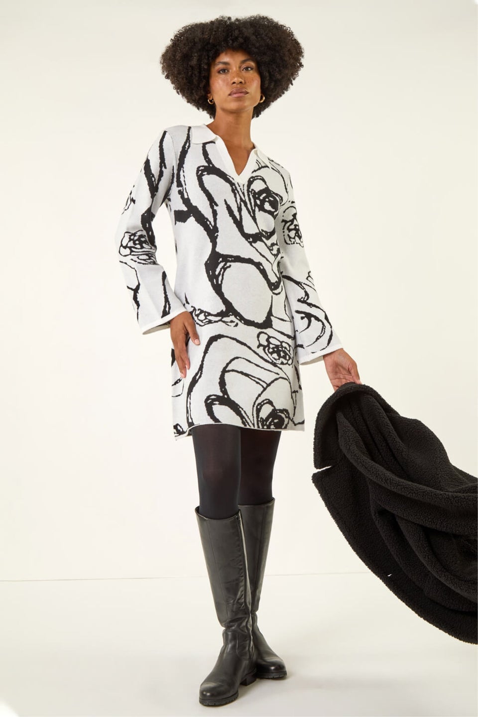 Roman Ivory Floral Abstract Knit Dress