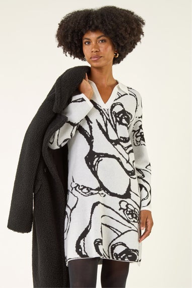 Roman Ivory Floral Abstract Knit Dress