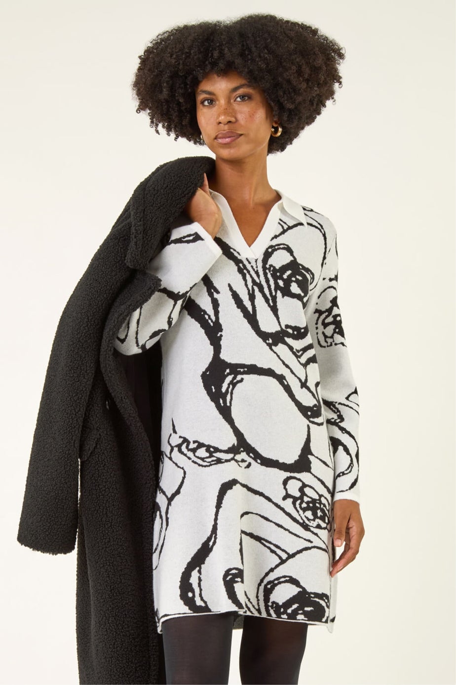 Roman Ivory Floral Abstract Knit Dress