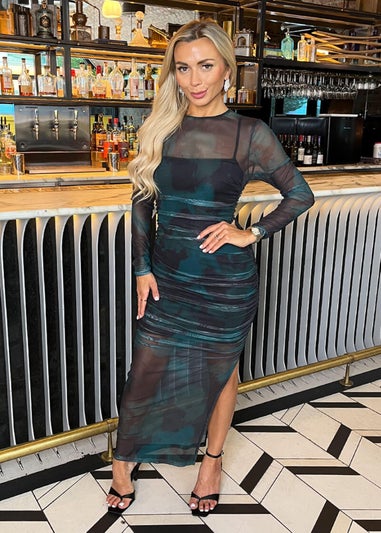 AX Paris Teal And Black Smudge Print Mesh Overlay Long Sleeve Midi Dress