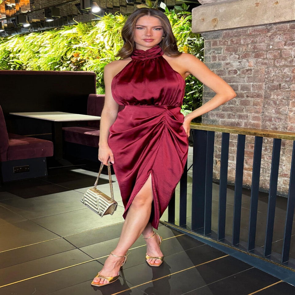 AX Paris Wine Halter Neck Gathered Skirt Midi Dress