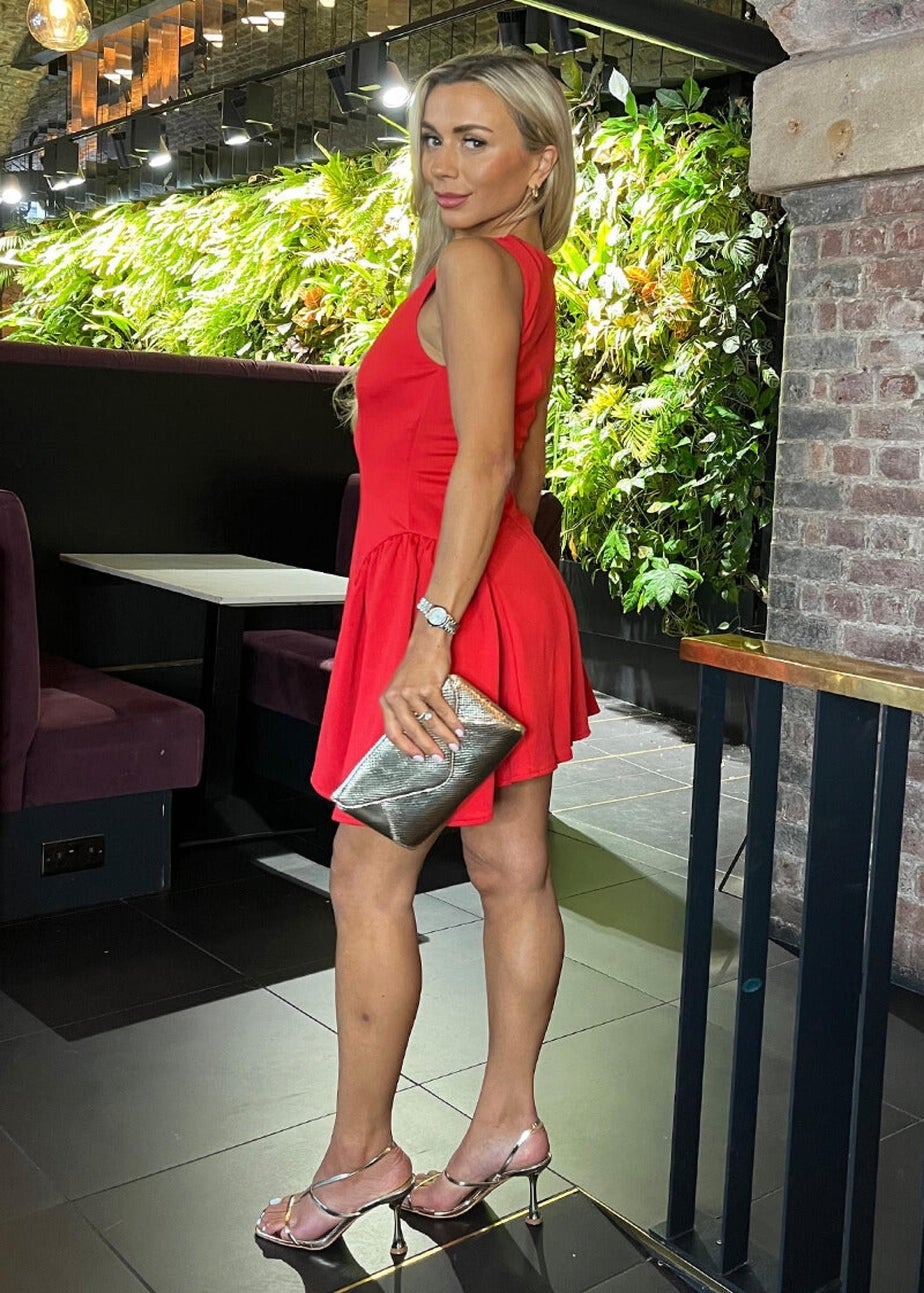 AX Paris Red Round Neck Pleated Hip Mini Dress