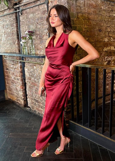 AX Paris Wine Satin Cowl Neck Cross Back Midi Dress