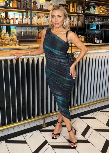 AX Paris Teal And Black Smudge Print Mesh One Shoulder Asymmetric Hem Midi Dress