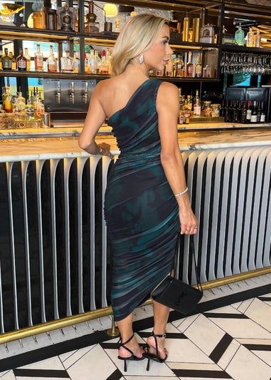 AX Paris Teal And Black Smudge Print Mesh One Shoulder Asymmetric Hem Midi Dress