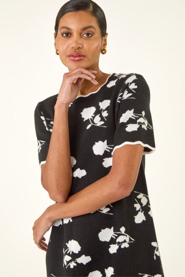 Roman Black Floral Print Scallop Knitted Dress