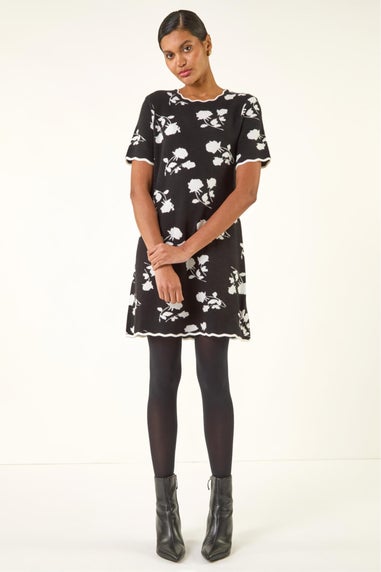 Roman Black Floral Print Scallop Knitted Dress
