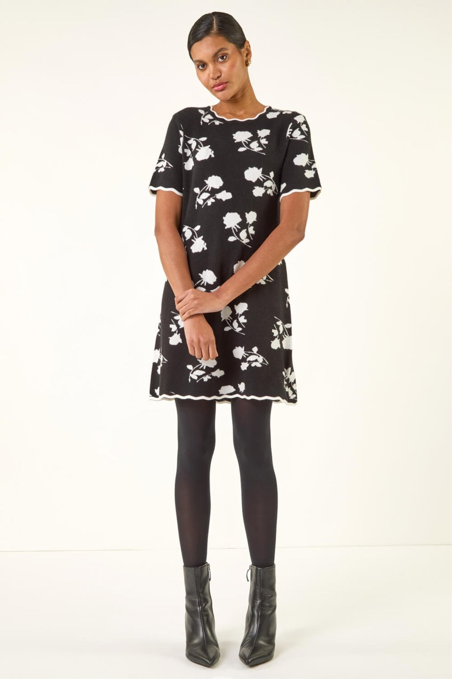 Roman Black Floral Print Scallop Knitted Dress