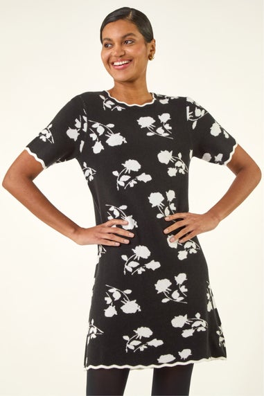 Roman Black Floral Print Scallop Knitted Dress