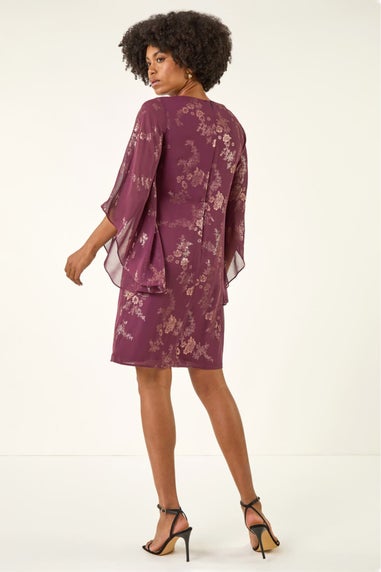 Roman Burgundy Foil Print Asymmetric Overlay Dress