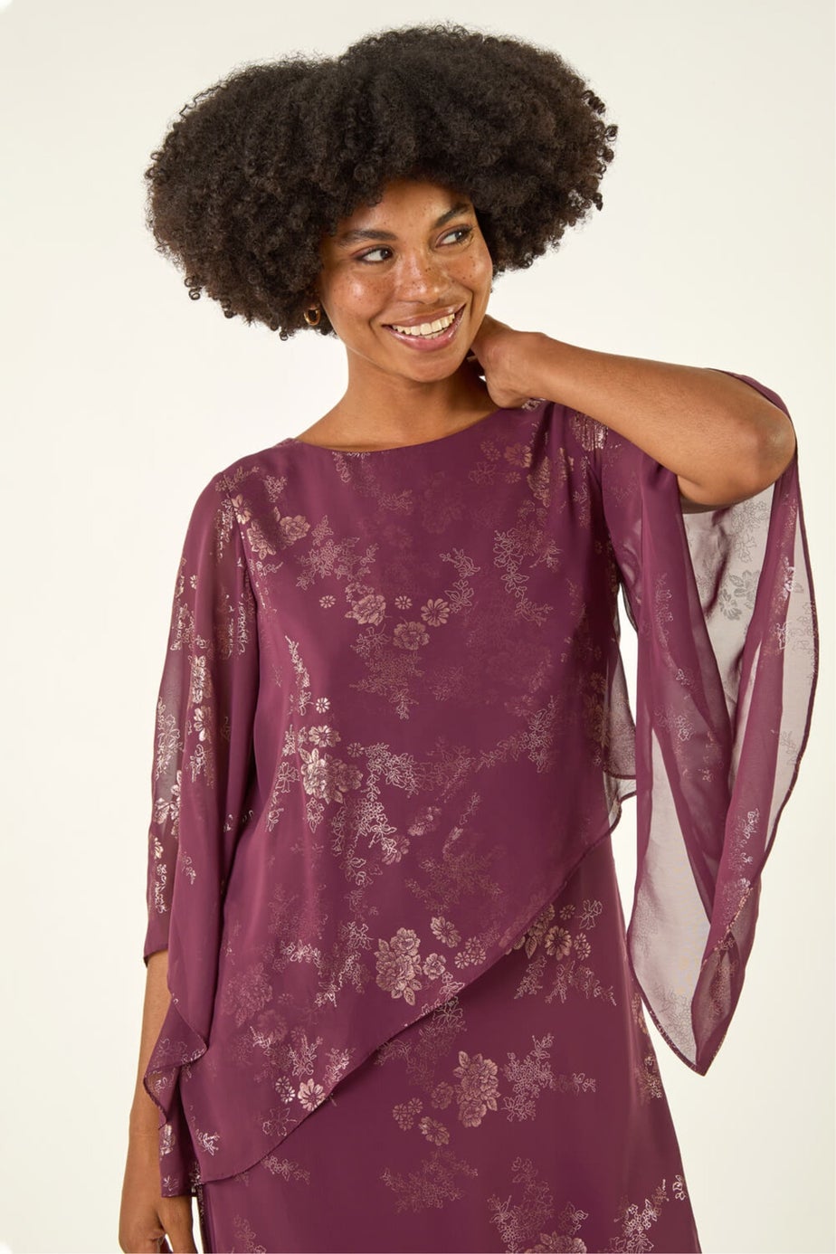 Roman Burgundy Foil Print Asymmetric Overlay Dress