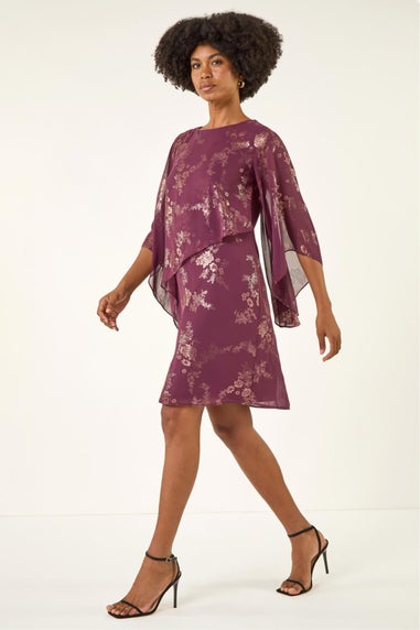 Roman Burgundy Foil Print Asymmetric Overlay Dress