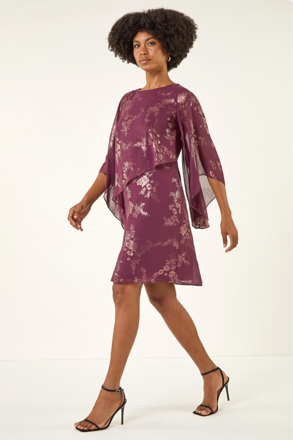 Roman Burgundy Foil Print Asymmetric Overlay Dress