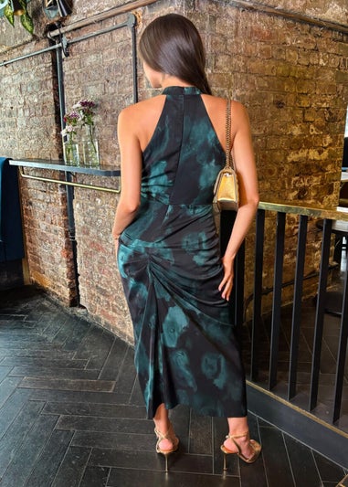 AX Paris Teal And Black Smudge Print Halter Neck Knot Skirt Midi Dress